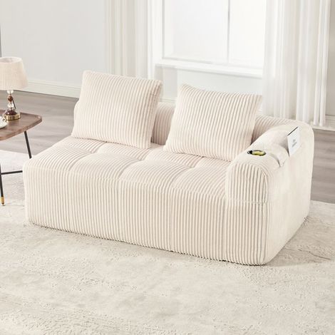 Canapé 2 places velours côtelé beige avec porte-gobelet et poche latérale – livré monté