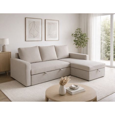 Canapé d'angle convertible avec coffre coloris beige COSY (1/5)