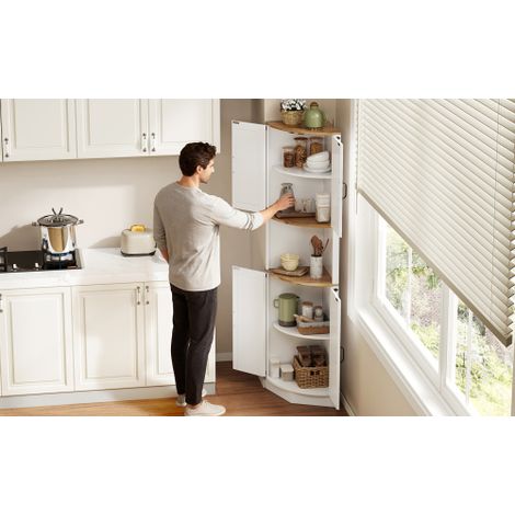 Meuble d'angle à 5 compartiments de rangement, style vintage, aspect bois blanc, rustique, gain de place, idéal pour le salon, la cuisine et la salle à manger, avec dispositif anti-basculement.