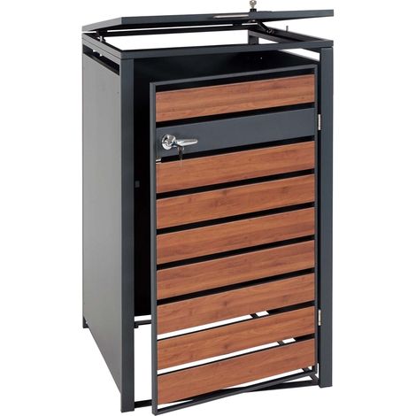 [NEUWERTIG] 1er Mülltonnenverkleidung HHG-350, Mülltonnenbox, erweiterbar, Metall 32kg, anthrazit Kirsche-Holzoptik dunkelbraun