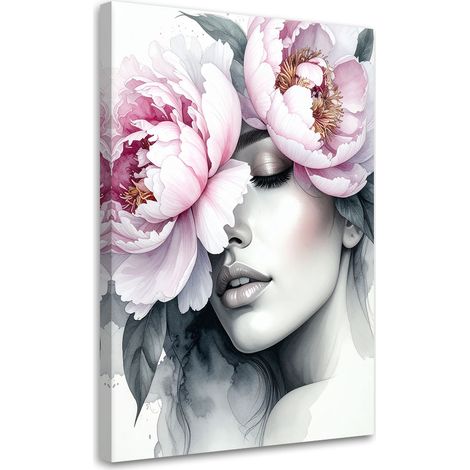 Wandbild Mädchen mit Pfingstrosenblüten auf dem Kopf 40x60 cm