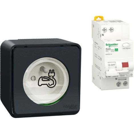Schneider Electric – Pack prise de courant renforcée 2P + T pour véhicule électrique – Disjoncteur différentiel 16A – Installation saillie IP55 – Anthracite