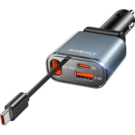 3 en 1 Rétractable Chargeur Voiture Chargeur Allume Cigare Voiture USB C Câble Type-C Rétractable Charge Rapide Chargeur Voiture avec USB-C/A Adapter Allume Cigare Galaxy iPad (1/5)
