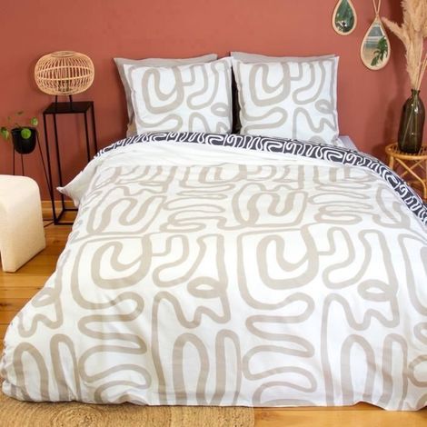 Parure de lit - Housse de Couette - 220x240 cm - 100% Coton - Géométrique Réversible - Beige Noir