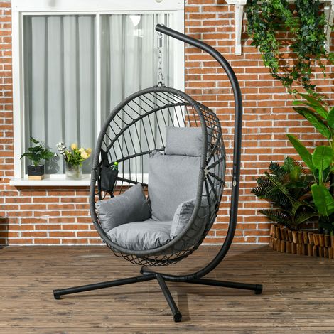 Fauteuil œuf suspendu. chaise hamac balançoire intérieur et extérieur. panier pliable. coussin rembourré. gris