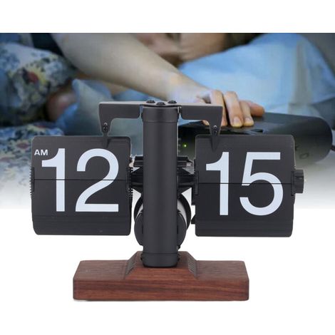 Klappbare Tischuhr 12H - Schwarzer Rahmen, weiße Ziffern, Retro-Automatik, Holzsockel (304 Edelstahl PVC)
