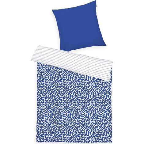 Housse de Couette, 80x80 cm + 135x200 cm, 100% Coton/renforcé, Motif Réversible et Fermeture Eclair Colorée, Organic Leaves Bleu, Blanc (Cobalt) (1/5)