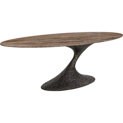 Table à manger ovale en travertin brun cendré - brun cendré et noir texturé (1/5)