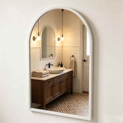 Specchio da parete ad arco – vetro temperato – cornice in alluminio – 91×61 cm – bianco (1/5)
