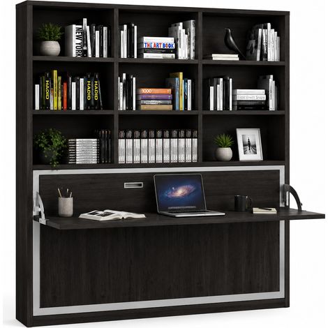 Le lit escamotable horizontal avec bureau et bibliothèque intégrés SPACIO - Ouverture automatique assistée Carbone Matelas mousse 18 cm-Avec matelas-80x190-Cadre Carbone-Façade Carbone (1/5)
