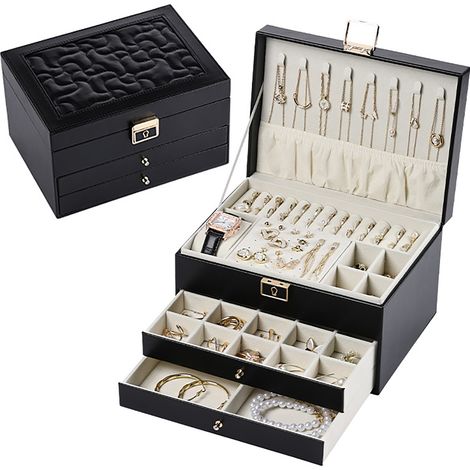 Boîte à bijoux en cuir, modèle amélioré noir, grand capacité, multi-tiroirs pour colliers et bagues, rangement élégant (1/2)