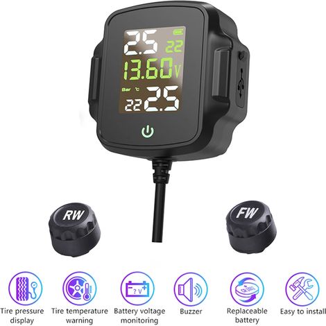 Capteurs TPMS (Noir) pour moto, système de surveillance de la pression des pneus, 2 roues, externe, avec chargeur USB QC 3.0