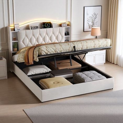 Letto contenitore - 160x200 idraulico - Velluto beige - LED RGB 60.000 colori - Ricarica wireless 15W