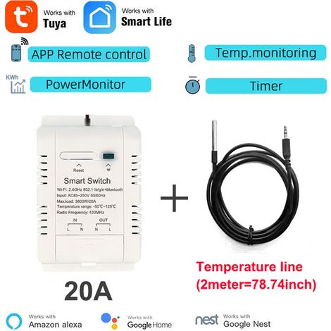 Tuya WiFi automatischer Smart-Schalter mit mobiler App, Echtzeit-Temperaturmessung und Energieverbrauchsstatistikfunktion (Tag, Monat und Jahr).