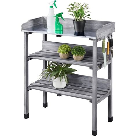 Table de jardinage, table à fleurs avec plateau en métal et bois, 76 x 37 x 89 cm, idéale pour le jardin et le balcon.