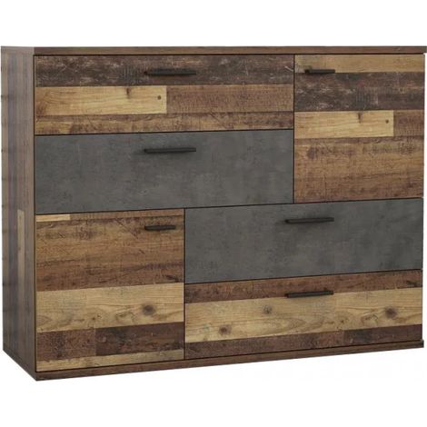 Commode vintage 2 portes 4 tiroirs décor bois vieilli et béton gris – Dimensions 124,9x95,9x41,3cm – Glissières métal avec roulements – Meubletmoi (1/5)