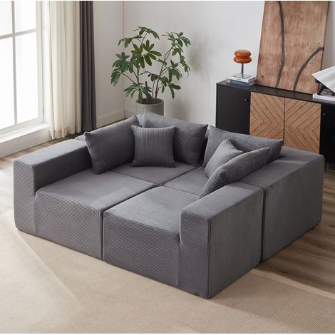 Canapé modulaire en L en velours côtelé gris, rembourrage en mousse, sans montage, facile à déplacer (1/5)
