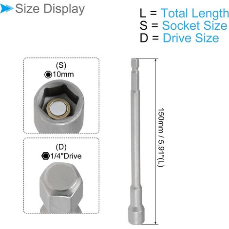 Punte per cacciavite magnetico, bussola da 10 mm, gambo esagonale da 1/4", chiave a bussola lunga in acciaio CR-V - (per riparazione di parti di auto), 2 pezzi (1/4)