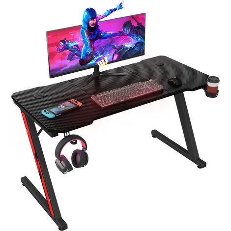 Devoko – Bureau gamer 120 cm x 60 cm – Noir – Support casque et porte-gobelet – Design ergonomique pour confort de jeu