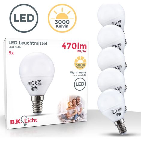 LED Glühbirne E14 5er Set - 4,9W, 470lm, 3000K warmweiß, weiß