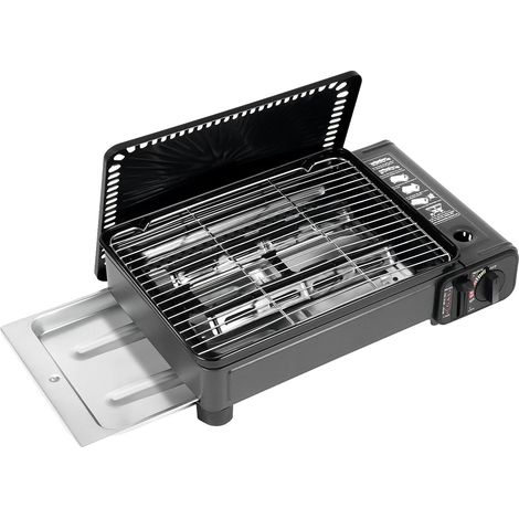 Parrilla de gas portátil, llama ajustable, encendido piezoeléctrico, color negro. (1/2)