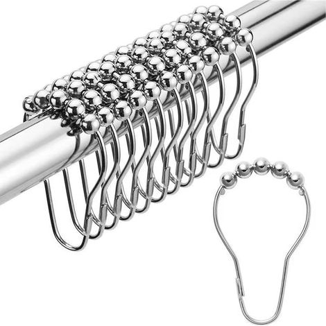 Crochet Pour Rideau De Douche - Acier Inoxydable Anti-Rouille - Double Roulette Sphérique - Finition Nickel Poli - Lot De 12