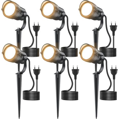 Pack de 6 Outdoor Spotlight 12 W 2700 K 1320 lm, projecteur LED IP65 avec câble de 1,5 m – Éclairage Jardin, patio, jardin, allée, Lumière chaude [Classe énergétique A]