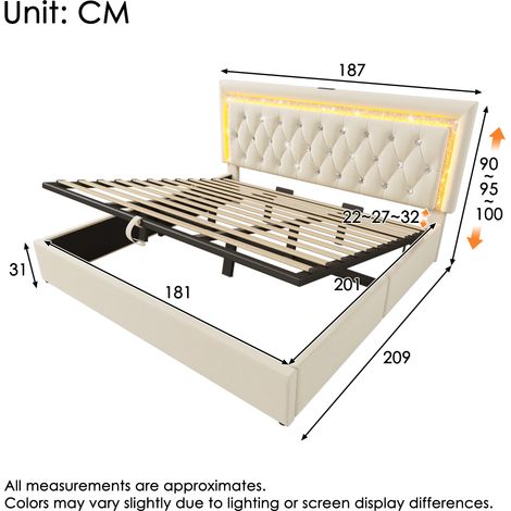 Lit double capitonné en velours 180x200 cm avec bande LED en losange, station de charge USB et Type-C, lit coffre hydraulique, lit jeune moderne avec sommier à lattes, beige (sans matelas) (1/4)