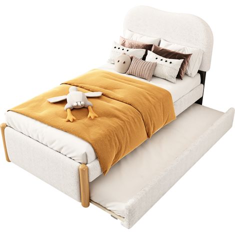 Letto 90x200 cm imbottito in velluto bianco con letto estraibile reversibile, stile minimalista per camera da letto moderna, CHICFURN (1/5)