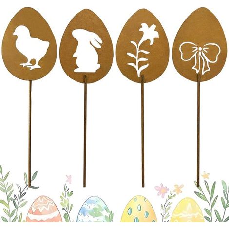 Dailygoods Gartenstecker für Ostern 4 Stück 18 cm Patina Osterhase Gartenstecker Dekoration Rost Dekoration Gartendekoration im Freien rustikale (1/5)