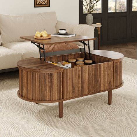 Table basse relevable ovale 100x48x53,5 cm en MDF brun avec rangement, pour petit salon – MEUBLIV (1/5)