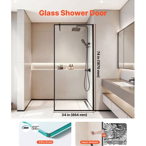Paroi de Douche Fixe 86,4 x 187 cm, Pare Douche Encadré, Écran pour Salle de Bain Maison, en Verre Trempé Transparent de 8 mm d'Épa… (1/5)