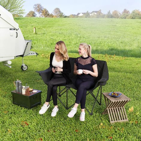 Chaise de camping pliante 2 places avec sac de transport, usage extérieur, charge maximale 250 kg, 145 x 60 x 92 cm, noire