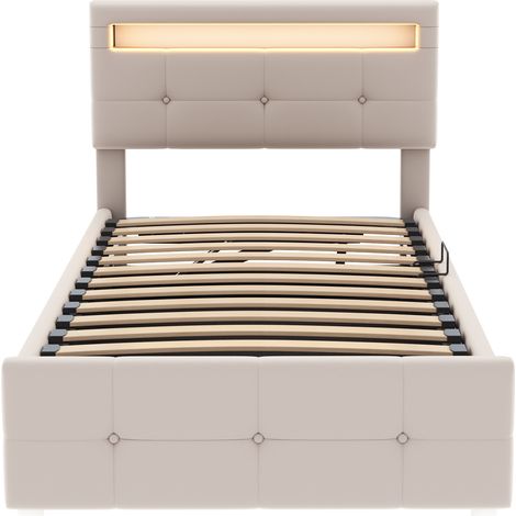 Cama tapizada 90x200 cm con LED y arcón hidráulico, cabecero regulable, beige (1/5)