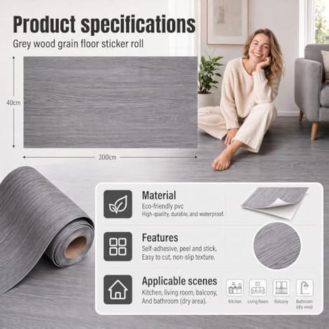 Revêtement de sol en vinyle PVC autocollant aspect bois - Imperméable et résistant à l'usure - Pour salon, cuisine, salle de bain - 40 x 300 cm (grain de bois gris) (1/4)