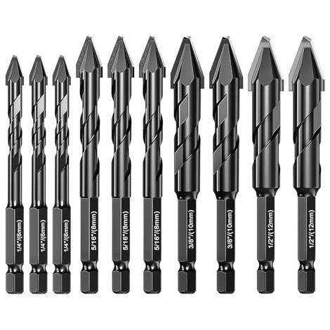 Lot de 10 forets à béton à tige hexagonale 1/4" pour maçonnerie, béton, pointe en carbure de tungstène haute résistance pour porcelaine, verre, brique, ciment, bois (Noir, 6/8/10/12mm) (1/5)