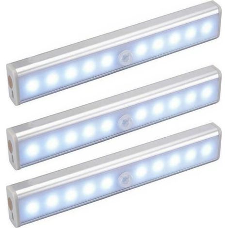 RHG Lot de 3 Lampes 10 LED, Sans Fil, Rechargeable par USB, Aimanté, Détecteur de Mouvement, Portable. Lumière de Placard, Baladeuse de Secours, Veilleuse Enfant, Appoint