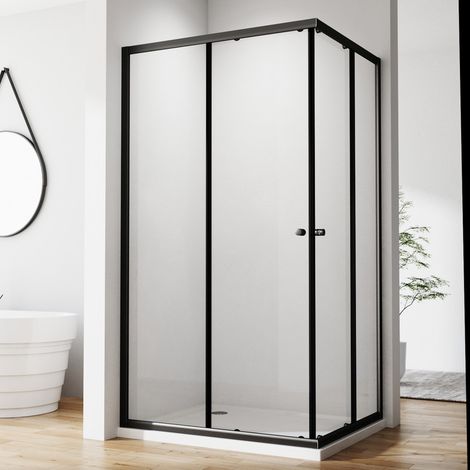 Schwarzer Duschkabine 75x75 cm Schiebetür Duschabtrennung Eckeinstieg Doppel Schiebetür, 6mm ESG Sicherheitsglas, Duschwand Höhe 185cm, LINKS & RECHTS MONTIERBAR