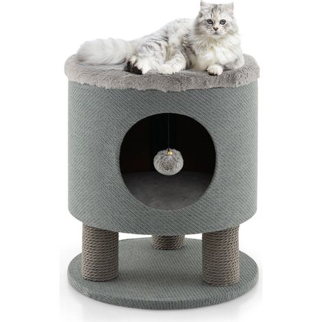 Pouf gris 3-en-1 pour chat avec siège, couchage en peluche, poteaux à griffer et balle suspendue pour salon et chambre (1/5)