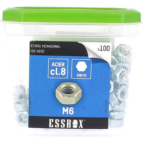 ESSBOX de 100 Écrous Hu M6 Acier 8.8 Zingué Blanc ISO 4032 (4 Plots) (1/2)