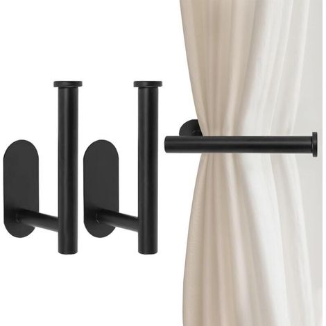 Lot de 2 embrasses de rideaux en métal, crochets autocollants sans perçage, pour portes, fenêtres, maison, multi-usages (noir) (1/5)