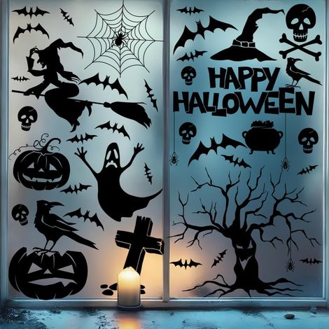 (9 Feuilles) Autocollants Halloween Stickers Fenêtres Double Face Réutilisables avec Chauves-Souris, Araignées & Fantômes Déco Halloween pour Vitres (1/5)