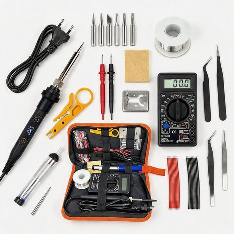 Kit de fer à souder 80 W avec LCD et température réglable 180-520 °C 5 pointes à souder, 50 g d'étain à souder, plateau, pince à épiler – Kit complet de soudure pour électronique (1/5)