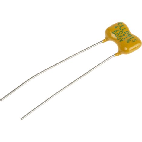 Condensateur mica, 470pF, 500V c.c., 12.19 x 5.84 x 10.41mm, pas de 5.72mm, +150 °C -55 °C.