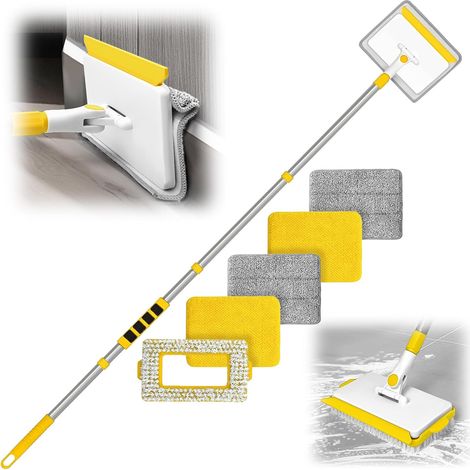 Vadrouille de Nettoyage avec 142 cm Longue Poignée, Nettoyeur de Plinthes, 1 Brosse à Poils Durs, 2 Chenille et 2 Microfibre, Plumeau pour Plancher, Plafond, Fenêtre, Carrelage (Jaune) (1/5)