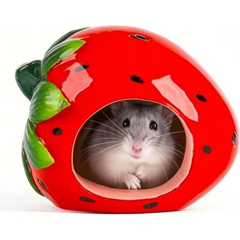 maison céramique fraise pour hamster 12 x 12 x 9 cm nid rongeur - maison céramique fraise pour hamster 12 x 12 x 9 cm nid rongeur (1/5)