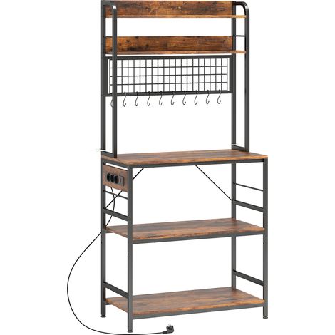 Scaffale da Cucina 80x40x170 cm con Stazione di Ricarica 5 Ripiani e 10 Ganci a S in Legno e Acciaio Marrone (1/5)