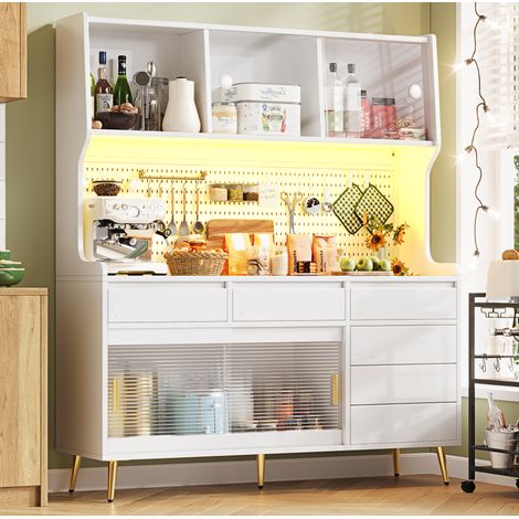 REDOM - Credenza alta 145x39x171 cm, ante scorrevoli, illuminazione a LED, vetro scanalato, MDF, vetro e metallo bianco (1/5)