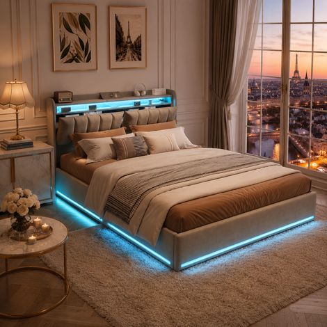 Lit coffre double adulte 140x200 cm avec tête de lit de rangement, ports USB, LED à la tête et au pied, rangement hydraulique, velours gris (1/5)