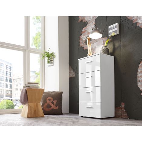 BMG Möbel Schubladen Kommode Sideboard Anrichte MARBELLA in Hochglanz weiß - Höhe 91cm, Breite 88cm, Tiefe 32cm … (Tower 44cm 4 Schubkästen)